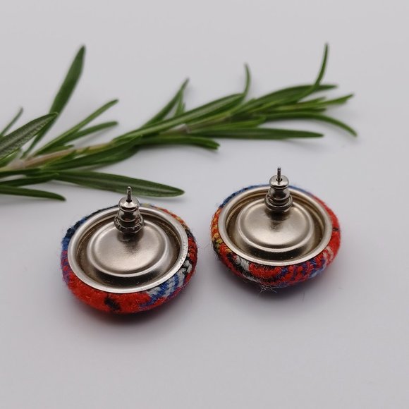 Button Earrings - Red and Blue Tweed Wool Fabric - Picture 6 of 8